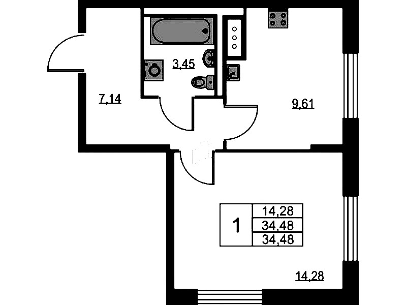 1-комнатная квартира 34.48 м², 2/11 эт., ЖК «Квартал Лаголово»